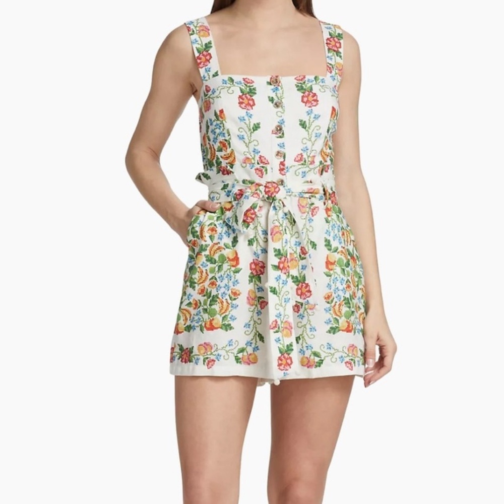 FARM Rio White Floral Printed Linen Romper with Multicolor Flowers